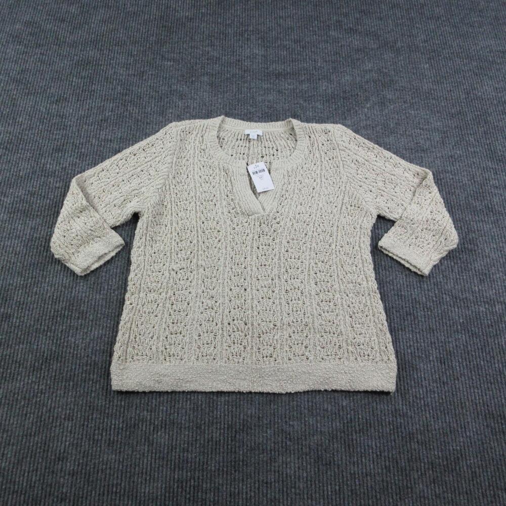 J. Jill Sweater Womens M Petite Beige Open-Knit Tunic Crochet Lightweight NWT